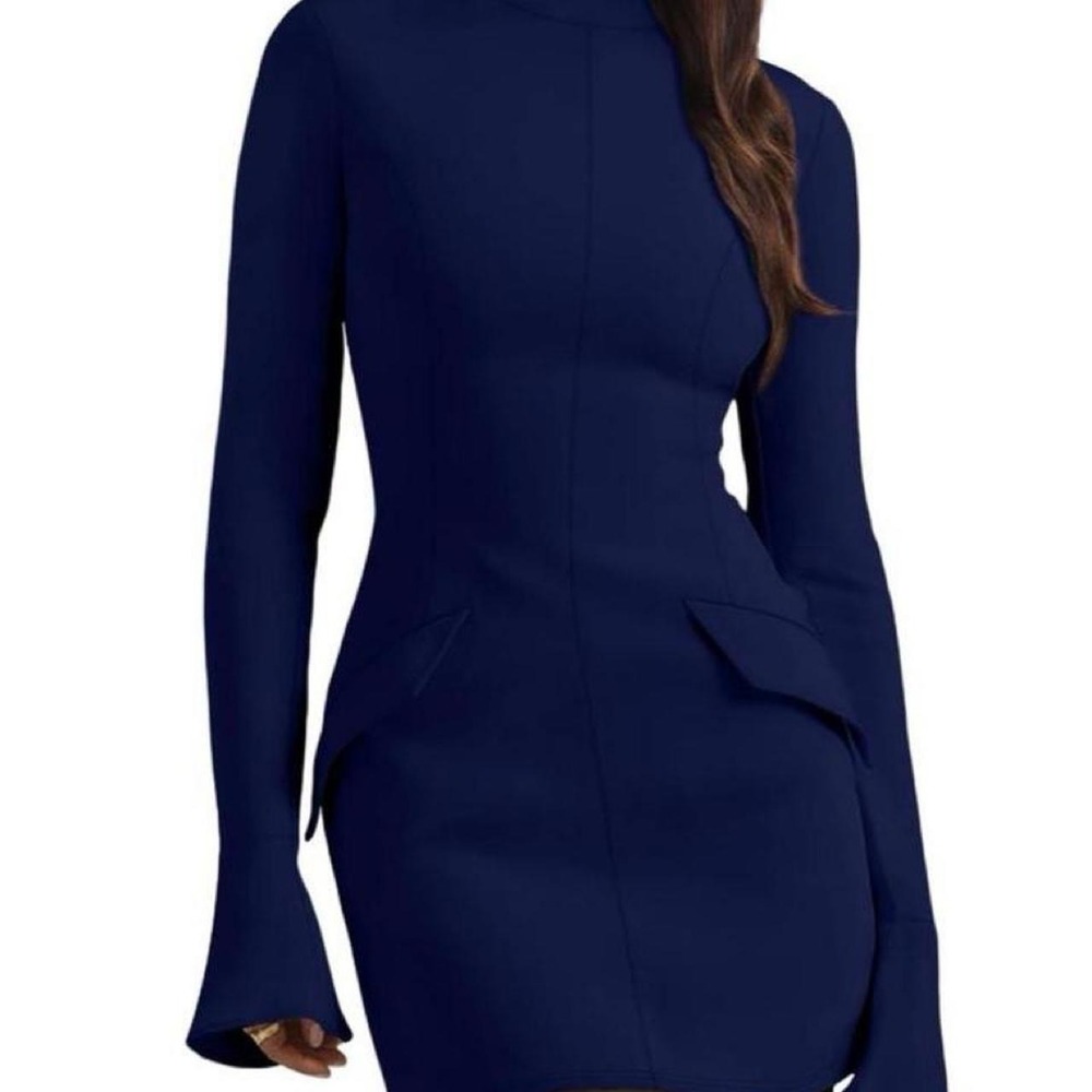 Women's Navy Blue  Long Sleeve Mock Neck Dress Basic Party Mini Dress - Picture 8 of 8